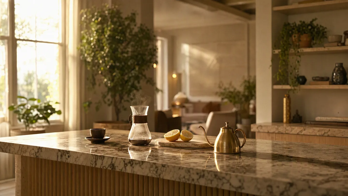 Marble island with the kettle already on.