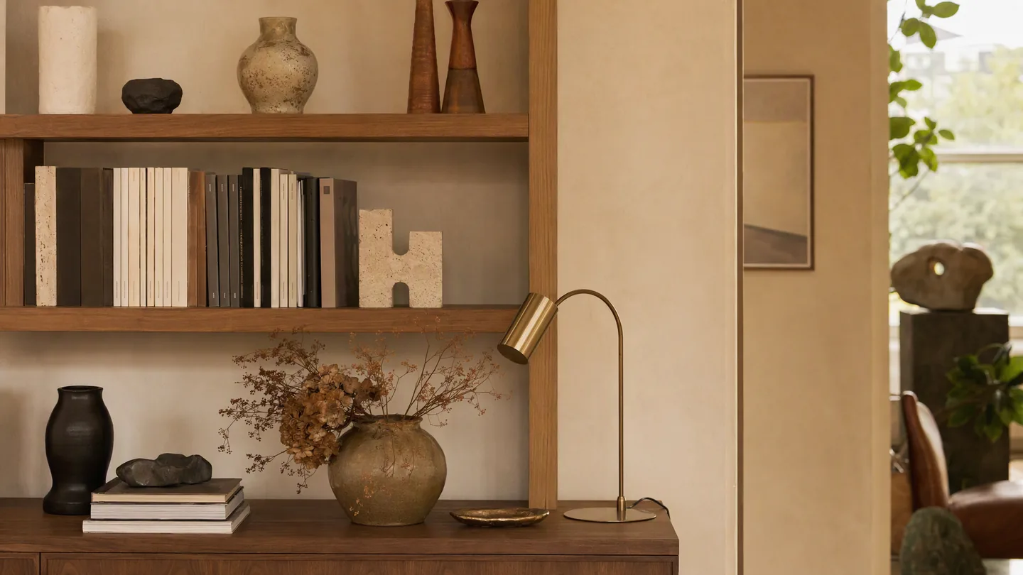 Styled shelves at BC Atelier — art books, ceramics and brass