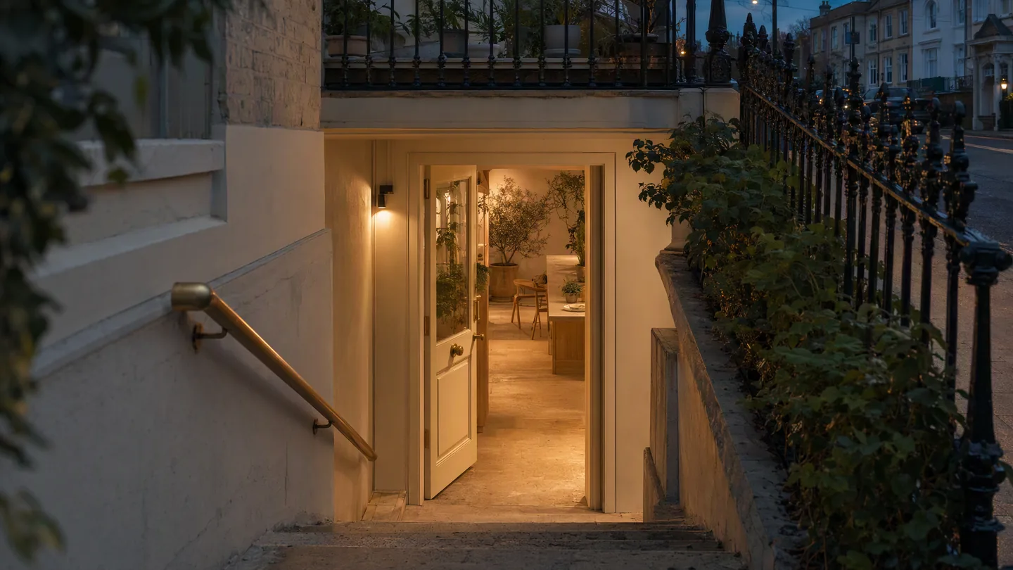 The lower-ground atelier door on Kensington Church Street at dusk